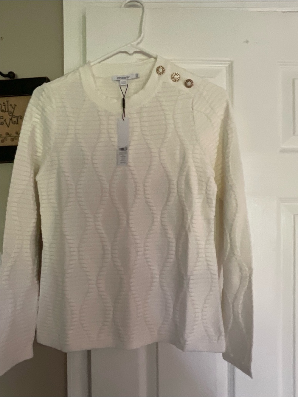 Chico's Cream Cable-Knit Crew Sweater with Decorative Shoulder Buttons